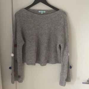 Gray open neck sweater with Pom Pom barely worn